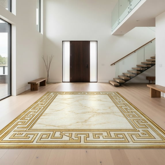 Design&I 3'x5' Washable Throw Rug Ultra-Thin & Non-Slip Skid-Resistant Small Cream Gold Greek Key Design Motif Marble Inspired Classic European for Entryway, Kitchen