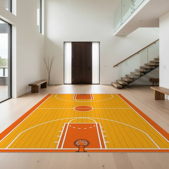 Design&I 3'x5' Washable Throw Rug Ultra-Thin & Non-Slip Skid-Resistant Small Hoop Motif Bold Stripe Border Center Repeating Basketball Lines Refined for Entryway, Kitchen