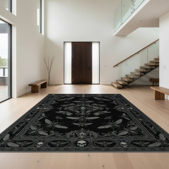Design&I 3'x5' Washable Throw Rug Ultra-Thin & Non-Slip Skid-Resistant Small Insect With Filigree Frame And Skull Accents Gothic Victorian Refined Structured for Entryway, Kitchen