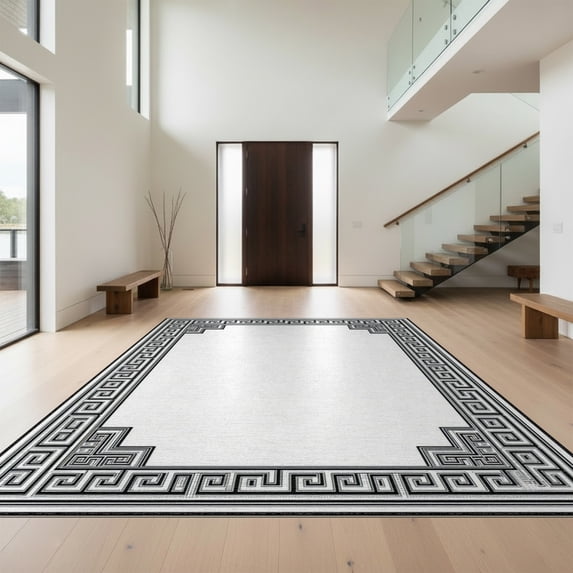 Design&I 3'x5' Washable Throw Rug Ultra-Thin & Non-Slip Skid-Resistant Small Traditional Interlocking Border Meander Vintage Inspired Greek for Entryway, Kitchen