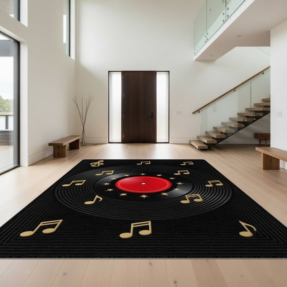 Design&I 3'x5' Washable Throw Rug Wet Concentric Vinyl Rings Cd Musical Motif Starburst Tapete for Entryway, Kitchen, Ultra-Thin & Non-Slip Skid-Resistant Small