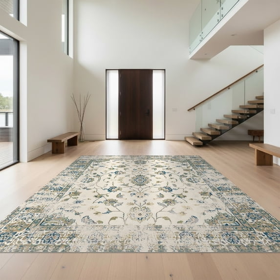 Design&I 4'x6' Ultra Soft Area Rug, Beige Distressed Botanical Motif Subtle Trellis Neutral Border None Fluffy Washable Non Shedding for Bedroom Living Room Home Office