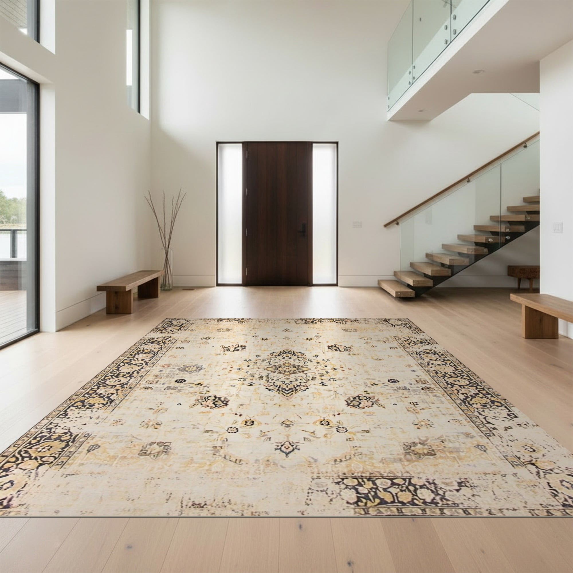 Geometric Border Rug Design Design&I 4'x6' Ultra Soft Area Rug, Beige Throw Vintage Abstract Faded ...