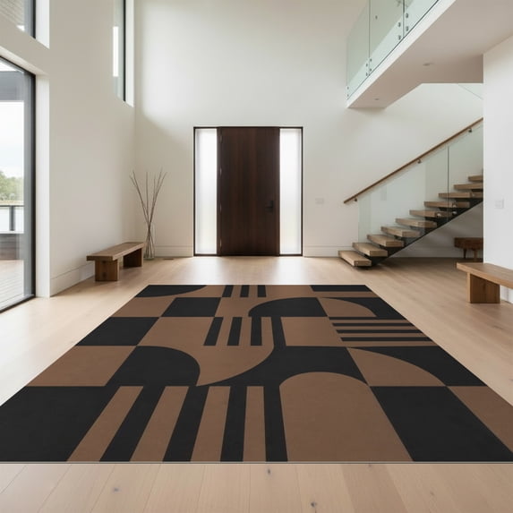 Design&I 4'x6' Ultra Soft Area Rug, Black Brown Geometric Design Elegant Interlocking Shapes with Modern Aesthetic Fluffy Washable Non Shedding for Bedroom Living Room Home Office