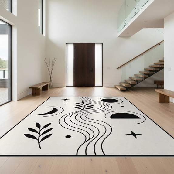 Design&I 4'x6' Ultra Soft Area Rug, Black White Celestial Waves Botanicals Elegant Curved Lines with Star Moon Fluffy Washable Non Shedding for Bedroom Living Room Home Office
