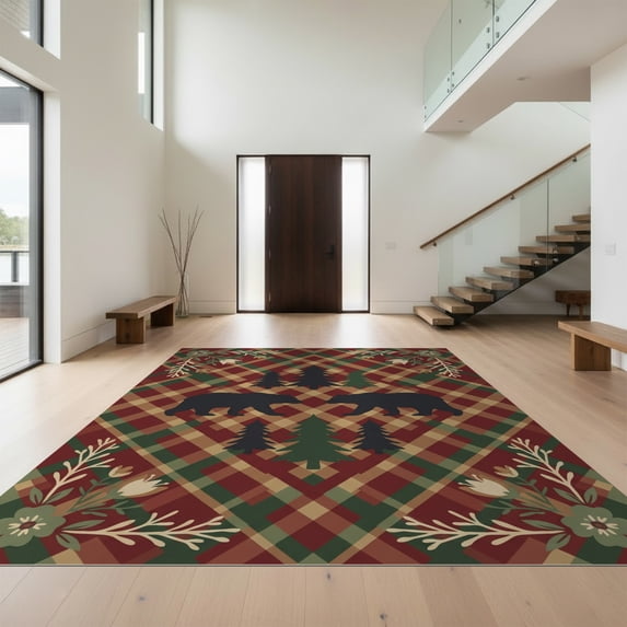 Design&I 4'x6' Ultra Soft Area Rug, Cabin Wildlife Forest Southwestern Motif Farmhouse Plaid Border Playful None Fluffy Washable Non Shedding for Bedroom Living Room Home Office