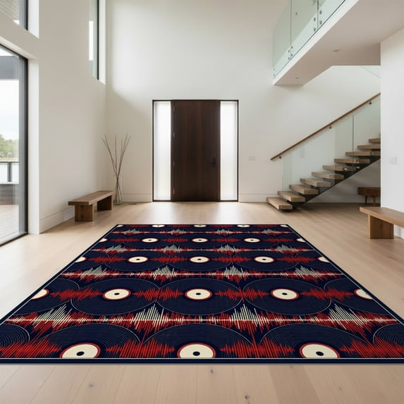Design&I 4'x6' Ultra Soft Area Rug, Cd Record Retro Disc Grid Interlocking Soundwave Music Vinyl Refined Structured None Fluffy Washable Non Shedding for Bedroom Living Room Home Office