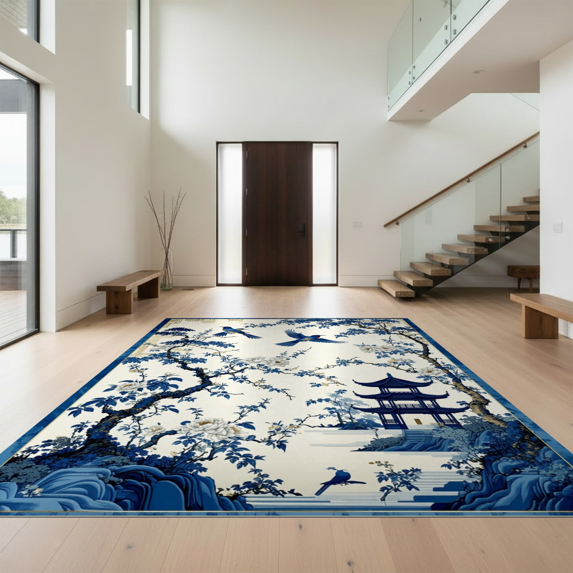 Design&I 4'x6' Ultra Soft Area Rug, Chinoiserie Toile Birds Pagoda ...