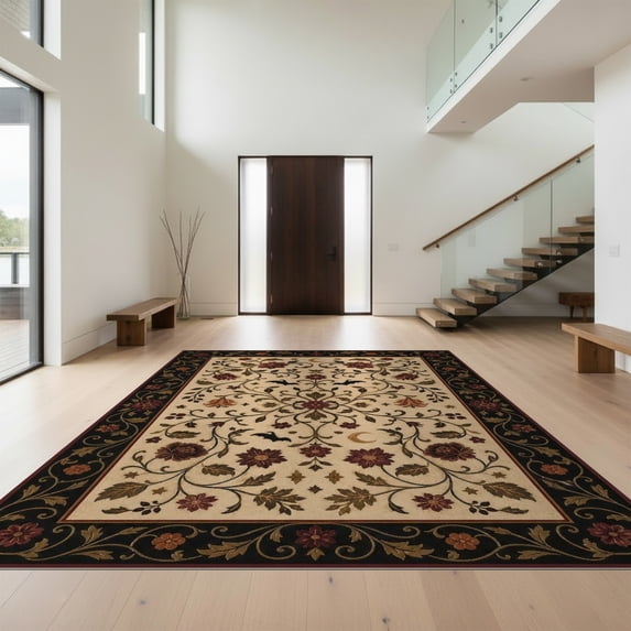 Design&I 4'x6' Ultra Soft Area Rug, Cream and Burgundy Floral Elegance Intricate Botanical Motif with Dark Accents Fluffy Washable Non Shedding for Bedroom Living Room Home Office