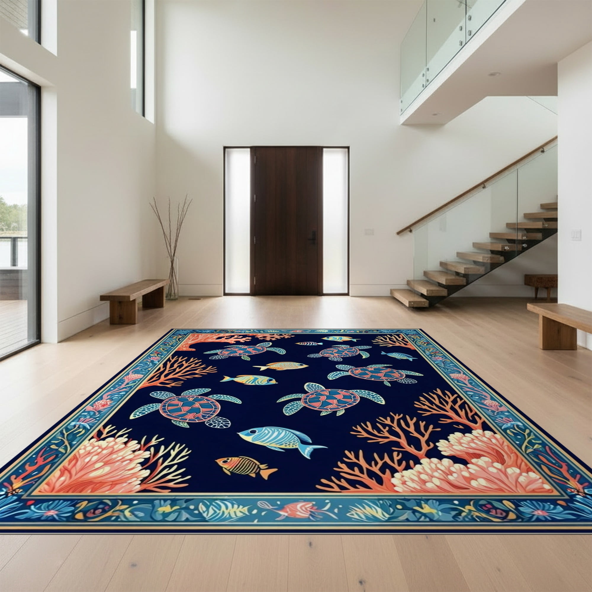 Fish Tuft Rug Design&I 4'x6' Ultra Soft Area Rug, Fish Turtle Ocean Coral Reef Marine ...