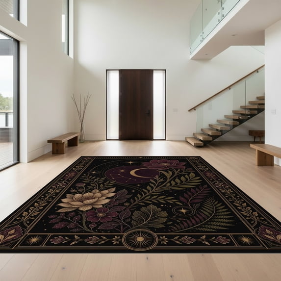 Design&I 4'x6' Ultra Soft Area Rug, Gold Deep Burgundy Celestial Garden Design Elegant Floral and Astral Motifs Fluffy Washable Non Shedding for Bedroom Living Room Home Office