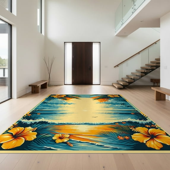 Design&I 4'x6' Ultra Soft Area Rug, Hawaii Guitar Musical Party Tiki Wave Hibiscus Motifs Luau Surf None Fluffy Washable Non Shedding for Bedroom Living Room Home Office
