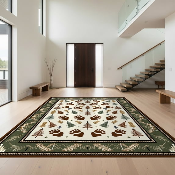 Design&I 4'x6' Ultra Soft Area Rug, Hunting Folk Print Antler Border Tracks Motif Woodland Antlers None Fluffy Washable Non Shedding for Bedroom Living Room Home Office