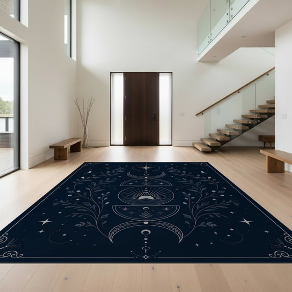 Design&I 4'x6' Ultra Soft Area Rug, Midnight Blue Celestial Design Intricate Lunar Motif with Star Accents Fluffy Washable Non Shedding for Bedroom Living Room Home Office