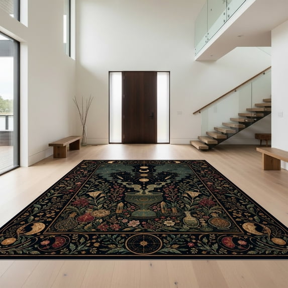 Design&I 4'x6' Ultra Soft Area Rug, Midnight Blue Gold Celestial Botanical Design Elegant Floral Astronomical Fluffy Washable Non Shedding for Bedroom Living Room Home Office