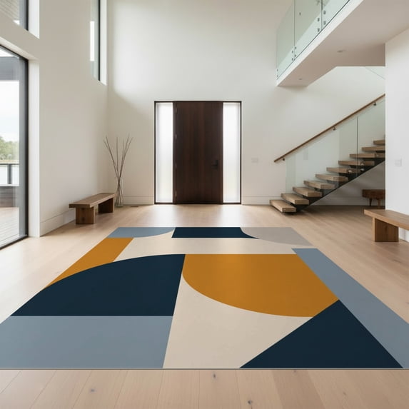 Design&I 4'x6' Ultra Soft Area Rug, Navy and Mustard Geometric Design Modern Abstract Shapes with Bold Style Fluffy Washable Non Shedding for Bedroom Living Room Home Office