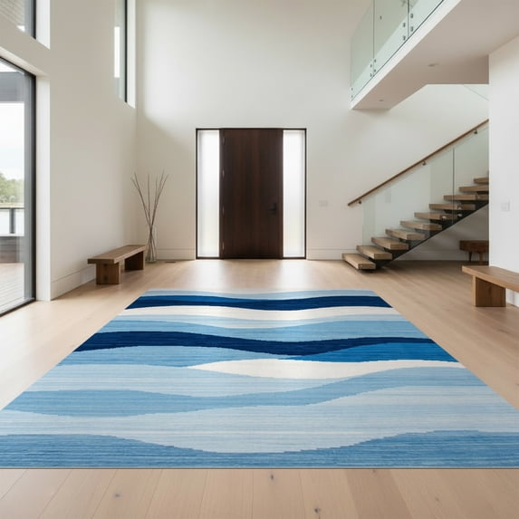 Design&I 4'x6' Ultra Soft Area Rug, Ocean Wave Themed Ripple Abstract Nautical Horizontal Bands Theme None Fluffy Washable Non Shedding for Bedroom Living Room Home Office