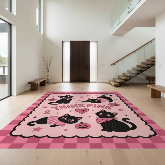 Design&I 4'x6' Ultra Soft Area Rug, Pink Black Whimsical Cat and Pumpkin Design Charming Checkered Borders Star Motifs Fluffy Washable Non Shedding for Bedroom Living Room Home Office