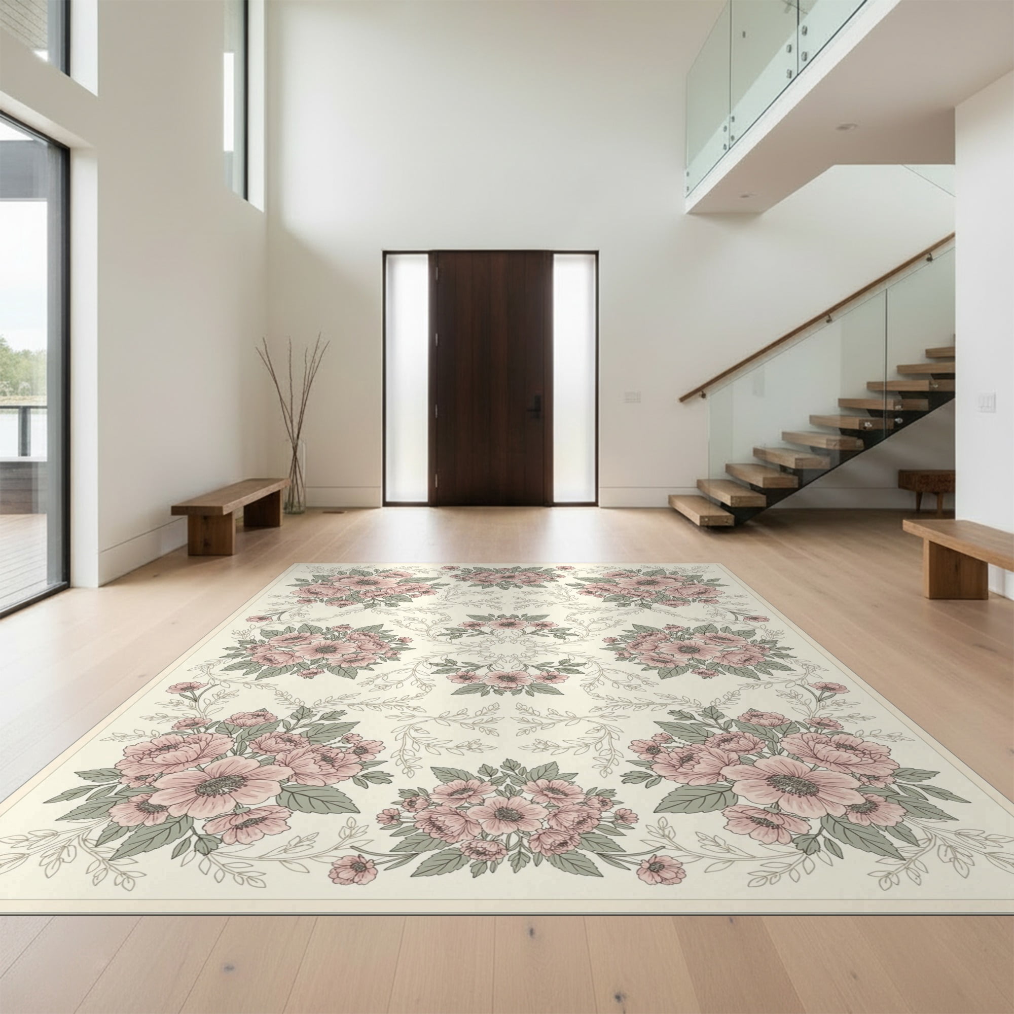 Design&I 4'x6' Ultra Soft Area Rug, Pink Boho Blush Sage Cream Trailing ...