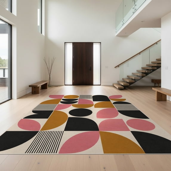 Design&I 4'x6' Ultra Soft Area Rug, Pink and Mustard Geometric Design Bold Abstract Shapes with Modern Flair Fluffy Washable Non Shedding for Bedroom Living Room Home Office