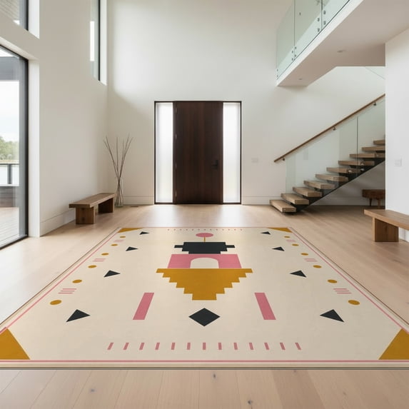 Design&I 4'x6' Ultra Soft Area Rug, Pink and Mustard Geometric Design Modern Abstract Shapes with Symmetrical Fluffy Washable Non Shedding for Bedroom Living Room Home Office