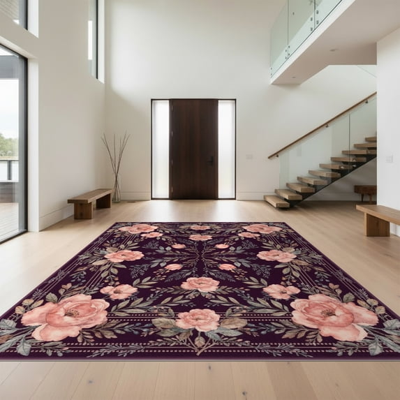 Design&I 4'x6' Ultra Soft Area Rug, Purple Deep Eggplant Botanical Sprigs Delicate Dotted Frame Border None Fluffy Washable Non Shedding for Bedroom Living Room Home Office