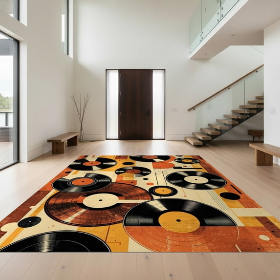 Design&I 4'x6' Ultra Soft Area Rug, Record Retro Vinyl Music Abstract Spinning Disc Motif Cd Shape None Fluffy Washable Non Shedding for Bedroom Living Room Home Office