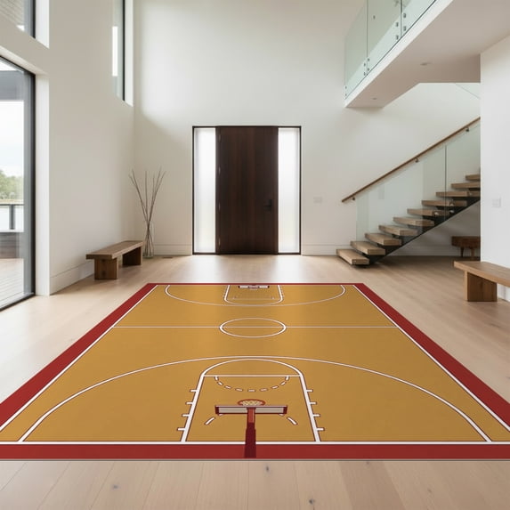 Design&I 4'x6' Ultra Soft Area Rug, Scoreboard Motif Bold Stripe Border Center Repeating Basketball Lines Refined None Fluffy Washable Non Shedding for Bedroom Living Room Home Office