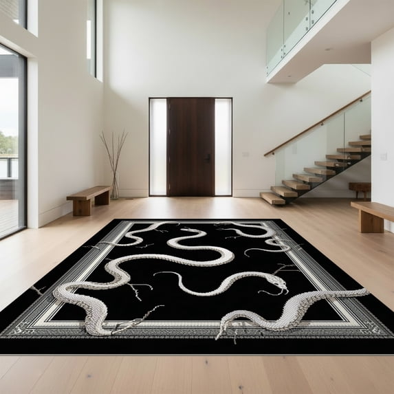 Design&I 4'x6' Ultra Soft Area Rug, Snake Animal Print Abstract Serpent With Modern Geometric Border None Fluffy Washable Non Shedding for Bedroom Living Room Home Office