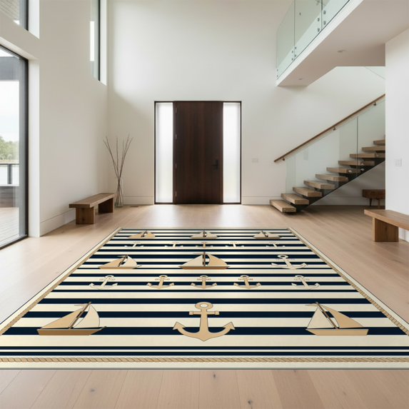 Design&I 4'x6' Ultra Soft Area Rug, Stripe With Maritime Anchor And Island Theme Accents Nautical Flowing Dynamic None Fluffy Washable Non Shedding for Bedroom Living Room Home Office