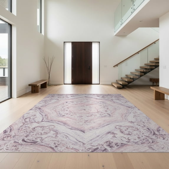Design&I 4'x6' Washable Area Rug Abstract Pink Aesthetic Fluid Scrollwork Swirling Veined Purple Flowing Dynamic for Home Office, Under Desk, Snag-Free Skid-Resistant Medium