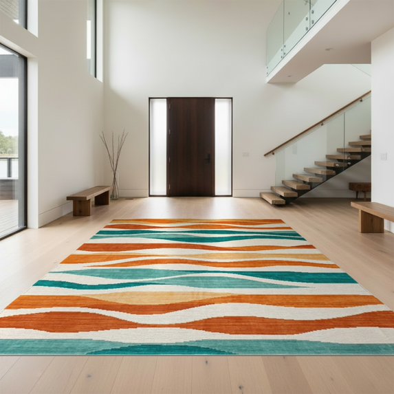 Design&I 4'x6' Washable Area Rug Abstract Wavy Stripe Orange Teal Burnt Fall Sunflower Tiger Sunflowers for Reading Nook, Bedroom, Pet Friendly & Non-Slip Built-In Grip