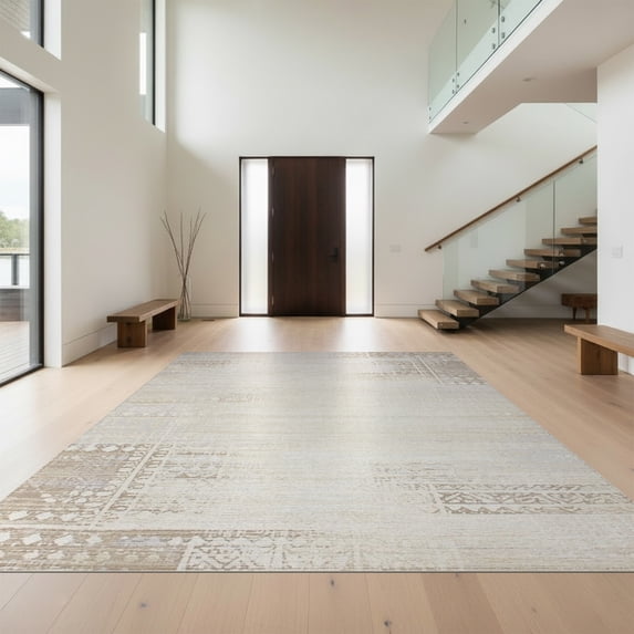 Design&I 4'x6' Washable Area Rug Beige Contemporary Neutral Abstract Brushed Interlocking Large for Dorm Room, Living Apartment, Flatweave Daily Traffic Ready