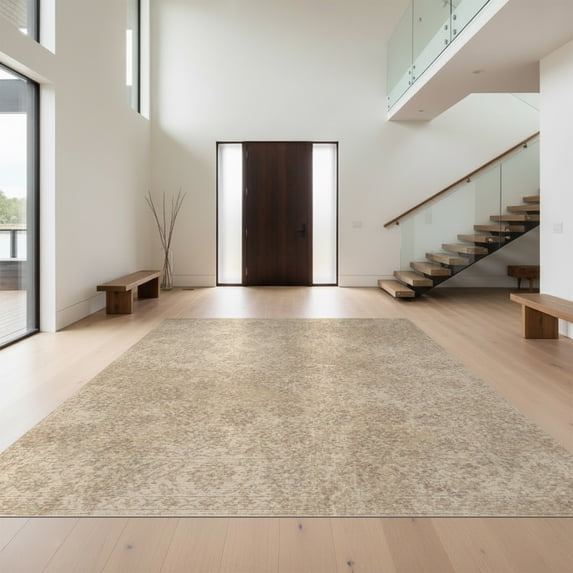 Design&I 4'x6' Washable Area Rug Beige Throw Washed Clusters Asymmetrical Muted Covering Vintage for Home Office, Under Desk, Snag-Free Skid-Resistant Medium