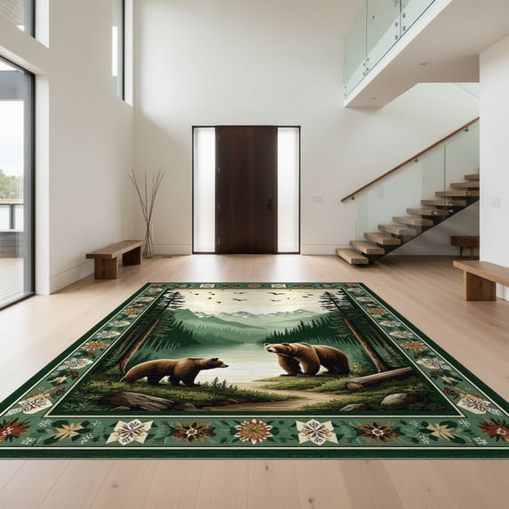 Design&I 4'x6' Washable Area Rug Cabin Sunset Wildlife Forest Border Woodland Bathroom Medieval for Reading Nook, Bedroom, Pet Friendly & Non-Slip Built-In Grip