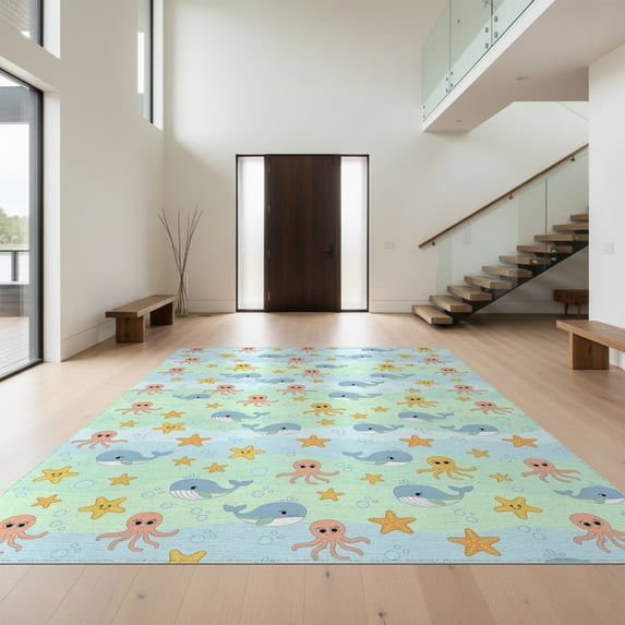 Design&I 4'x6' Washable Area Rug Classroom Creatures Underwater Themed Decorative Ocean Whale for Home Office, Under Desk, Snag-Free Skid-Resistant Medium