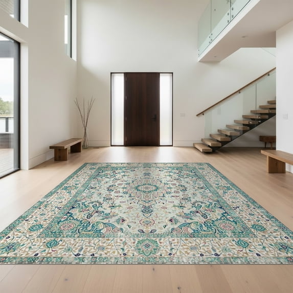 Design&I 4'x6' Washable Area Rug Cream Vintage Faded Scroll Motifs Border Pile Beige for Home Office, Under Desk, Snag-Free Skid-Resistant Medium