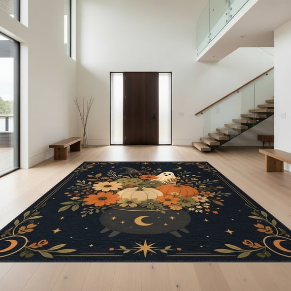 Design&I 4'x6' Washable Area Rug Dark Autumn Witchy Floral Scene Halloween Motif with Ghost for Dorm Room, Living Apartment, Flatweave Daily Traffic Ready