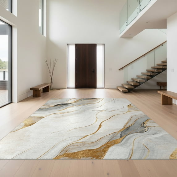 Design&I 4'x6' Washable Area Rug Flatweave Daily Traffic Ready Beige Veining Abstract Marbled Swirl Contemporary Large Neutral for Dorm Room, Living Apartment