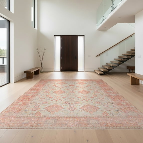 Design&I 4'x6' Washable Area Rug Flatweave Daily Traffic Ready Bordered Boho Vintage Scroll Frame Border Distressed Ornamental for Dorm Room, Living Apartment