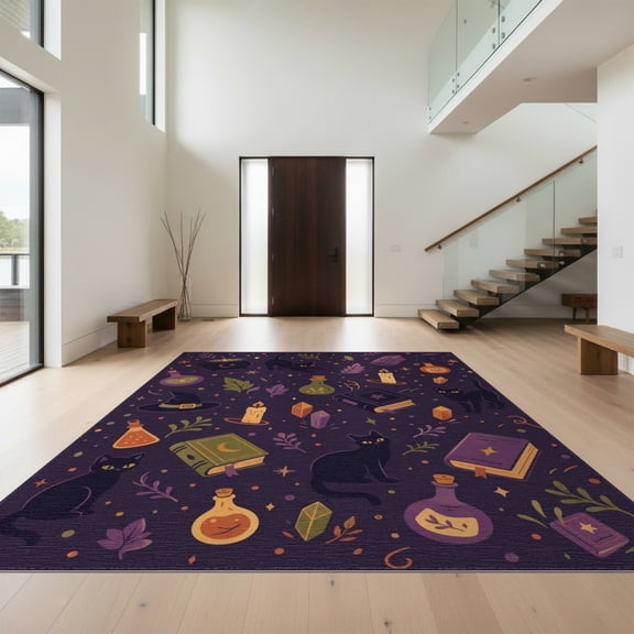 Design&I 4'x6' Washable Area Rug Flatweave Daily Traffic Ready Dark Purple Enchanted Cat Design Whimsical Magic Motif with Books and Potions for Dorm Room, Living Apartment
