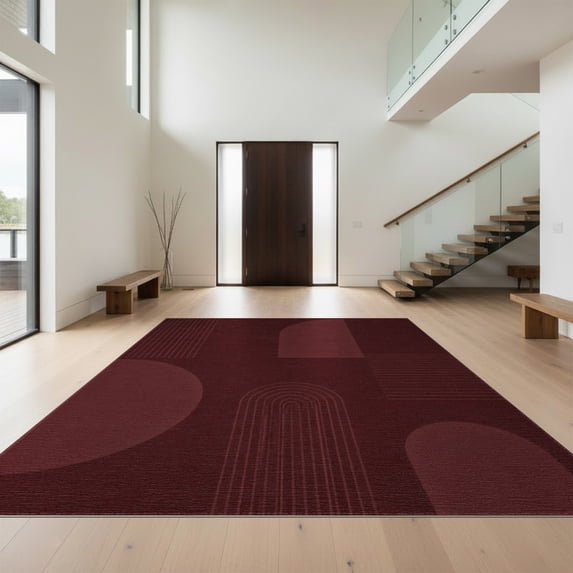 Design&I 4'x6' Washable Area Rug Flatweave Daily Traffic Ready Deep Burgundy Geometric Modern Abstract Design with Arches and Lines for Dorm Room, Living Apartment