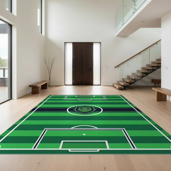 Design&I 4'x6' Washable Area Rug Flatweave Daily Traffic Ready Field Stripe Bands Score Door Center Goal Markings Soccer Stadium Refined for Dorm Room, Living Apartment