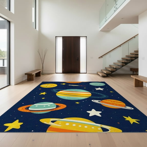 Design&I 4'x6' Washable Area Rug Flatweave Daily Traffic Ready Galaxy Rocket Comet Map Rings Field Chart Nebula Motifs Astronaut for Dorm Room, Living Apartment