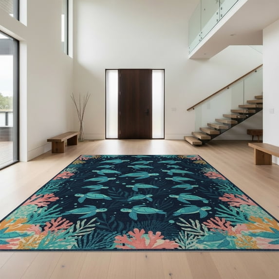 Design&I 4'x6' Washable Area Rug Flatweave Daily Traffic Ready Turtle Nautical Motif Coral Border Wave Starfish Reef Seashell Ocean Flowing for Dorm Room, Living Apartment