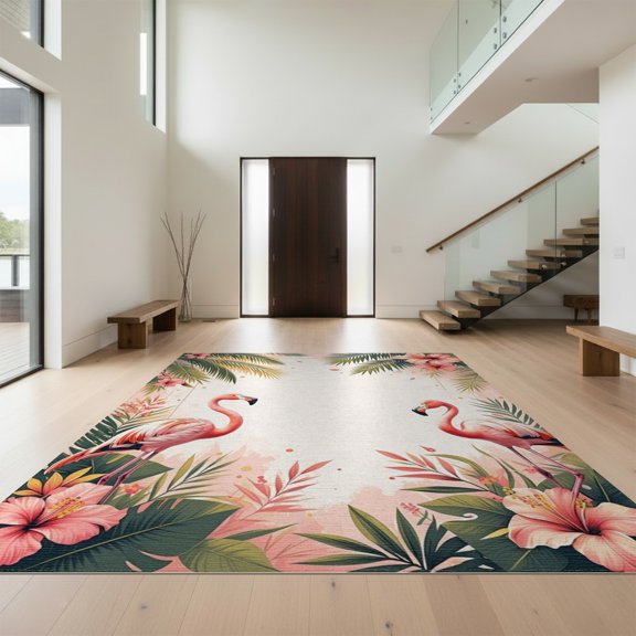 Design&I 4'x6' Washable Area Rug Flatweave Daily Traffic Ready Vintage Border Botanical Boho Blooms Damask Symmetrical Scrolls for Dorm Room, Living Apartment