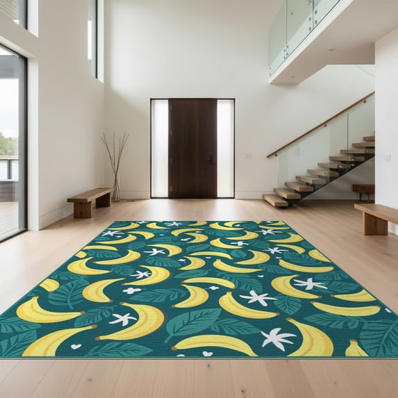 Design&I 4'x6' Washable Area Rug Funky Abstract Tropical Motif With Vibrant Mod Accents Banana Flowing Dynamic for Dorm Room, Living Apartment, Flatweave Daily Traffic Ready