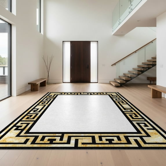 Design&I 4'x6' Washable Area Rug Gold White Greek Key Marble Design Elegant European Classic with Fretwork Motif for Reading Nook, Bedroom, Pet Friendly & Non-Slip Built-In Grip
