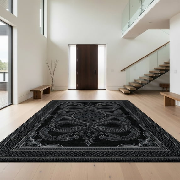 Design&I 4'x6' Washable Area Rug Gothic Serpent Symmetry Mystic Scaled Coiled Ornate Snake Round Refined for Reading Nook, Bedroom, Pet Friendly & Non-Slip Built-In Grip