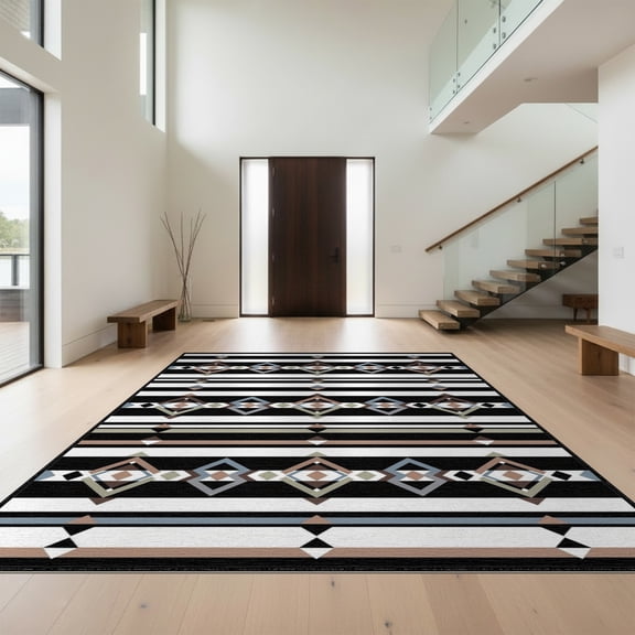 Design&I 4'x6' Washable Area Rug Mens Bold Masculine Horizontal Bands Intersecting Shapes Graphic for Dorm Room, Living Apartment, Flatweave Daily Traffic Ready